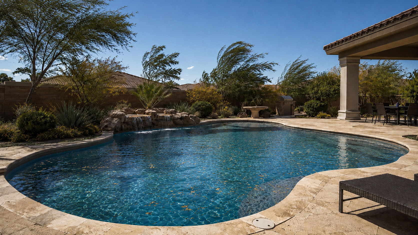 Las Vegas residential pool with leaves blown across the water surface and desert trees visibly bending in the wind