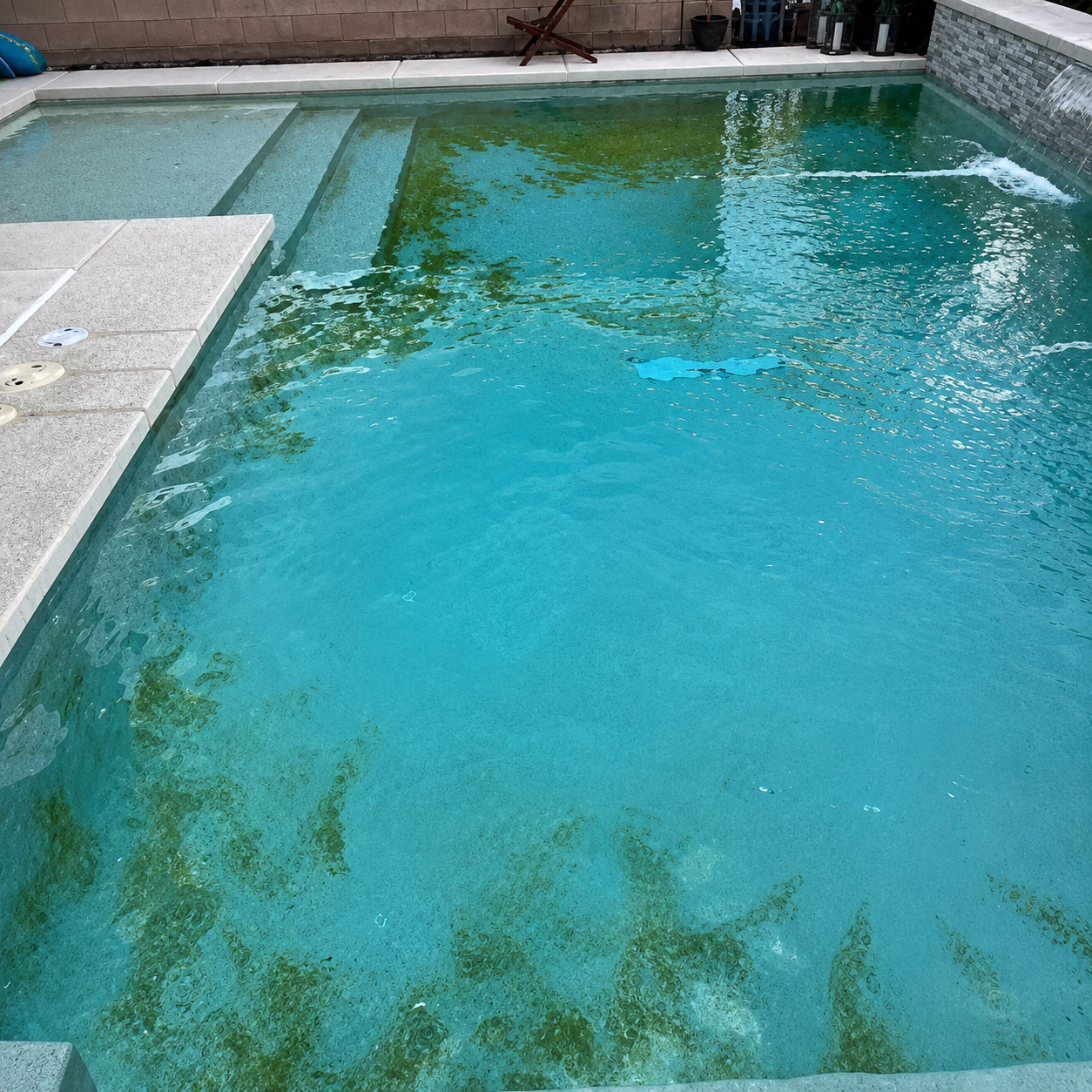 Residential pool with severe algae bloom, green cloudy water and algae visible on the steps